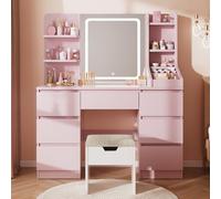 Airfish Toeletta Trucco con Luci LED,Luminosità Regolabile,Tavolo da Trucco con Specchio,Postazione Trucco con 7 Cassetti, 4 Ripiani Aperti per la Camera da Letto (Rosa + Sgabello Bianco)