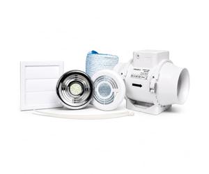 Airflow Aventa 100mm Kit Ventilatore In-Linea con Timer e Lampada LED - Include Tubo Flessibile 6 m, Fascette, Griglie Cromo e Bianca, Griglia Esterna - 2 Velocità, Timer Regolabile, Garanzia 3 Anni
