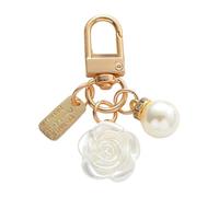 AIRHSKWI Portachiavi a forma di cuore con perle alla moda, accessorio robusto con perle e ciondolo a forma di rosa, per eventi sociali e gite, Acciaio legato/piuma/panno