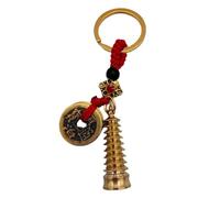 AIRHSKWI Portachiavi multiuso in ottone FengShui con moneta dei cinque imperatori e pagoda Wenchang per buona fortuna e successo, Acciaio legato/piuma/panno