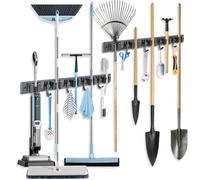 Airminti Porta Scope Parete, Appendi Scope a Muro 2 Pezzi con 5 Posti e 4 Ganci, Rimovibile e staccabile Adesivo portascope da muro appendibile Acciaio Inossidabil per Cucina, Bagno, Garage, Grigio