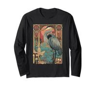 Airone con Tramonto e Floreale Art Nouveau Gru Bird Maglia a Manica