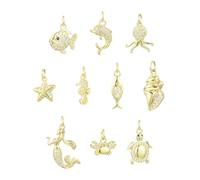 Airssory 10 ciondoli in ottone con zirconia cubica, 10 stili, a forma di animali marini, pesci, granchi, conchiglie, tartarughe, delfini, per gioielli fai da te, bracciali, collane, orecchini, borse