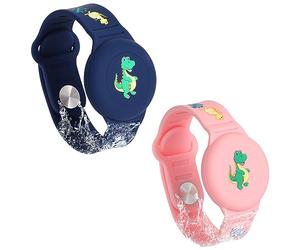AirTag, 2 braccialetti impermeabili per bambini, motivo dinosauri, per bambini e anziani, regolabili, anti-smarrimento, per nascondere il localizzatore GPS (blu, rosa)