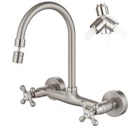 Airuida, Rubinetto da cucina a parete con doccetta estraibile, doppio comando a croce, bocca girevole a 360°, miscelatore professionale, interasse 20 cm, nichel spazzolato