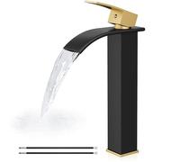 Airuida Rubinetto per lavabo a cascata, rubinetto alto per bagno, monocomando, miscelatore con un foro con grande beccuccio rettangolare, rubinetto per lavabo da bar, nero opaco e oro spazzolato
