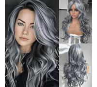 Aisaide Parrucca lunga ondulata grigia a strati con frangia per tende da donna sintetica grigio evidenziato grigio scalato ondulato shaggy grigio parrucca da donna 61 cm (grigio argento)
