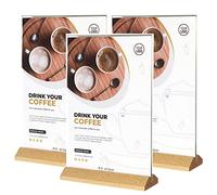 Aisamco 3 pezzi A5 acrilico scudo titolare a forma di T trasparente acrilico doppio telaio con base in legno tavolo menu display stand volantino scrivania display