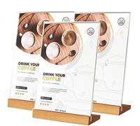 Aisamco 3 supporti in acrilico A5 Slant Back Design a forma di L, telaio in acrilico trasparente, base in legno, da tavolo, per display da scrivania