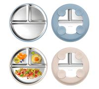 Aischens 2 Pezzi Piatti in Acciaio Inox con Ventose per Bambini, Piatti Divisibili Antiscivolo per Bambini con Custodia in Silicone Rimovibile, Piatto Svezzamento, Senza BPA (Beige&Grigio-blu)