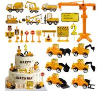 Aischens 24pcs Decorazione per Torte da Cantiere, Veicoli di Ingegneria, Escavatori per Torta di Compleanno Bambini 2 Anni, Torta Topper per Mini Veicoli da Costruzione,Veicoli da Cantiere per Ragazzi