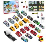 Aischens Calendario dell'Avvento 2025 per Bambini, Calendario Avvento Macchinine con Mini Auto Escavatore e Mappa, Regalo di Natale Compleanno Giocattoli Veicoli per Ragazzi 1-6 Anni