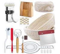 Aischens Kit Completo per Lievito Madre 12 Pezzi:Cestino per Pane Ovale 25 cm e Cestino Rotondo 23 cm,Fascia in Silicone per Pane,Barattolo per Lievitazione,Set Raschietti per Ciotola e Impasto