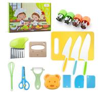 Aischens Set di Coltelli da Cucina per Bambini-17 Pezzi, Utensili da Cucina Montessori per Tagliare la Frutta o Verdura, Coltello in Legno per Bambini con Y Pelapatate Coltello Ondulato Tagliere