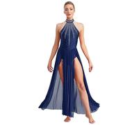 Aislor Abito da Ballo Lirico Contemporaneo Donna Body da Pattinaggio con Gonna Lunga con Doppio Spacco Laterale Vestito Danza Classica Costume di Jazz Latino Blu Scuro L