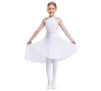 Aislor Abito da Pattinaggio Artistico Bambina Body Danza Classica con Gonna Tulle Strass Leotard Senza Manica Fiori Vestito da Latino Ballo Lirico Dancewear Avorio 11-12 anni