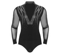 Aislor Body Danza Classica Uomo Camicia Body da Ginnastica Leotards con Strass Abito da Ballo Latino Tango Samba Rumba Valzer Tuta da Pattinaggio Artistico Nero XXL