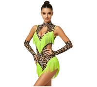 Aislor Body Ginnastica Artistica Donna Body con Frange Ballo Donna Danza del Tango E del Cha Cha con I Guanti Stampa di Leopardo Sala Verde Fluorescente M