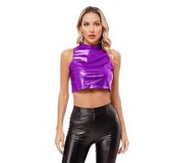 Aislor Canotta Lucida da Donna Crop Top Corto Metallizzato Tank Top Senza Manica Canottiere Brillante Maglietta da Ballo Danza Jazz Cocktail Discoteca Clubwear Viola A M