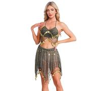 Aislor Costume da Danza del Ventre Professionale da Donna Paillettes Crop Top Reggiseno e Gonna Tulle Costumi Indiani Orientale Cosplay Feste a Tema Carnevale Oro Taglia unica