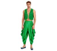 Aislor Costume da Principe Arabo Uomo Costume da Fachiro Arabo Gilet Senza Manica + Pantaloni Harem Dhoti Pants Abito da Travestimento per Feste Carnevale Verde A XXL
