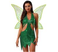 Aislor Costume Fata dei Boschi Donna Vestito Fatina per Carnevale Halloween Abito Magico per Feste Compleanni e Party Scintillante Abito Bodycon e Ali Verde XL
