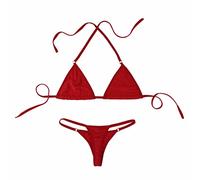 Aislor Micro Mini Bikini Brasiliana Donna Completi Intimi Sexy Costume da Bagno Lingerie Hot Tinta Unita Donne Biancheria da Notte Reggiseni Halter Bra + Perizoma G-String A Rosso Taglia Unica