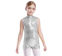 Aislor Paillettes Body da Ginnastica Artistica Bambina Ragazza Tuta Intera Corta Senza Manica Pagliaccetto Leotard da Balletto Danza Classica Dancewear Argento 9-10 anni