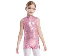 Aislor Paillettes Body da Ginnastica Artistica Bambina Ragazza Tuta Intera Corta Senza Manica Pagliaccetto Leotard da Balletto Danza Classica Dancewear Rosa 7-8 anni