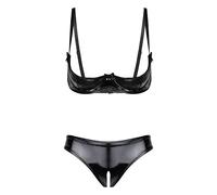 Aislor Set Bikini in Pelle Donne Completi Intimi per Sesso Aperto Cavallo Hot Biancheria Intima da Notte di Cuoio Donna Reggiseno + Donne Perizoma G-String A Nero M