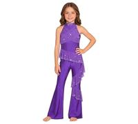 Aislor Tuta Intera da Pattinaggio Artistico Bambina Strass Body Danza Classica Leotard Tutina con Fondo a Campana Abito da Ballo Latino Competizione Viola 15-16 anni