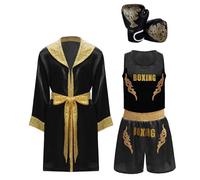 Aislor Unisex Ragazzi Ragazze Accappatoio da Boxe Pantaloncini e Canotta e Guanti Set di Boxe Combat Muay Thai MMA Kick Boxing Costume Pugile Arti Marziali Nero 7-8 anni