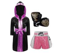 Aislor Unisex Ragazzi Ragazze Accappatoio da Boxe Pantaloncini e Canotta e Guanti Set di Boxe Combat Muay Thai MMA Kick Boxing Costume Pugile Arti Marziali Rosa B 15-16 anni