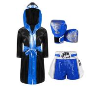 Aislor Unisex Ragazzi Ragazze Accappatoio da Boxe Pantaloncini e Canotta e Guanti Set di Boxe Combat Muay Thai MMA Kick Boxing Costume Pugile Arti Marziali Blu bianco B 5-6 anni