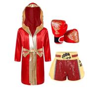 Aislor Unisex Ragazzi Ragazze Accappatoio da Boxe Pantaloncini e Canotta e Guanti Set di Boxe Combat Muay Thai MMA Kick Boxing Costume Pugile Arti Marziali Rosso B 9-10 anni