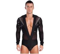 Aislor Uomo Body a Rete con Strass Maniche Lunghe Body per Ballo Latino Americano Camicia con Scollo a V Leotard Danza Classica Abito da Samba Rumba Salsa Nero L