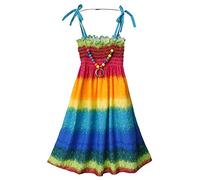 Aislor Vestito Estivo in Cotone Bambina Vestiti da Spiaggia Mare con Spalline Strette Regolabile Ragazze Abiti Bohemien Senza Maniche con Collana Abito con Stampa Floreale Acorbaleno 10-12 Anni