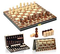 Aissom Scacchiera in Legno,2 in 1 Scacchiera Pieghevole,Magnetici Scacchi, Backgammon con slot di archiviazione, Dama per Bambini e Adulti Feste (39x39cm)