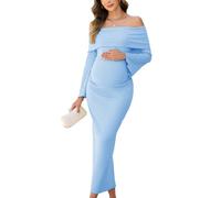AISWI off The Shoulder Abito Premaman Maniche a Campana Increspato Aderente Maxi Elegante Abiti Gravidanza Baby Shower Servizio Fotografico, Blu, M