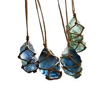Aitelei Collana con ciondolo in cristallo di fluorite blu-verde naturale grezza, ciondolo Reiki Chakra curativo, pietra trattata, con corda intrecciata a mano in colore casuale