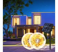 Aitesuo 2 Pezzi Striscia LED Solare da Esterno 5m, Bianco Caldo 2700K Nastri LED Solare per Esterni Autoadesivo con Telecomando, 320 LED, Dimmerabile, 8 Modalità, IP65 Impermeabile, per Gazebo, Festa