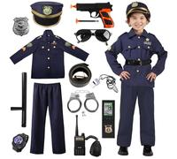 Aitsite 18 Pezzi Costume Poliziotto Bambino, Vestito Poliziotto Bambino Polizia Costume Bambini con Polizia Camicia Pantaloni Cappello Walkie Talkie Manette Distintivo per Halloween Carnevale Cosplay
