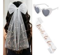 Aitsite 3 Pezzi Accessori Jga per Donne, Sciarpa Bride to Be Bianca, Occhiali da Sole a Cuore con Perle, Velo ad Arco da Sposa, Decorazioni Jga per Donne per Addio al Nubilato, Festa di Addio al