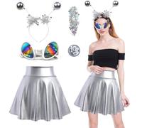 Aitsite Costume da alieno donna, costume alieno ragazza spaziale costume donna, costume spaziale donna, set accessori carnevale donna minigonna argentata fascia aliena occhiali alieni