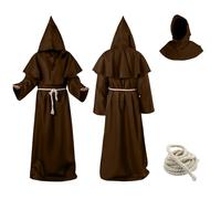 Aitsite Costume da Monaco, Sacerdote Accappatoio Frate, Veste Medievale con Cappuccio, Croce e Corda, Costumi Monaco per Carnevale Halloween Cosplay Feste.(Marrone-M)