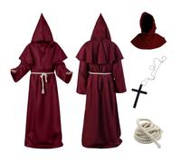 Aitsite Costume da Monaco, Sacerdote Accappatoio Frate, Veste Medievale con Cappuccio, Croce e Corda, Costumi Monaco per Carnevale Halloween Cosplay Feste.(Rosso-XL)