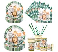Aitsite Set di 100 piatti per feste di compleanno per 20 ospiti, animali della foresta, piatti usa e getta, bicchieri di carta, tovaglioli, cannucce, decorazioni per feste
