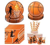 Aitsite Set di stoviglie da basket per feste, 100 pezzi, arancione, 20 piatti da 7 pollici, piatti da 20 9 pollici, 20 bicchieri di carta, 20 cannucce, 20 tovaglioli, per 20 ospiti, compleanno, sport