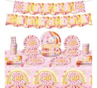 Aitsite Set di stoviglie per feste, stile hippie, boho, retrò, hippie, boho, per feste, piatti di carta per 12 ospiti, con piatti di carta, bicchieri, tovaglioli, cannucce, tovaglietta e bandiera
