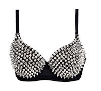 Aiuem Donna Punk Dancing Performance Rivetti Metallici Dorati Reggiseno con Cinturino con Borchie (Argento, S)